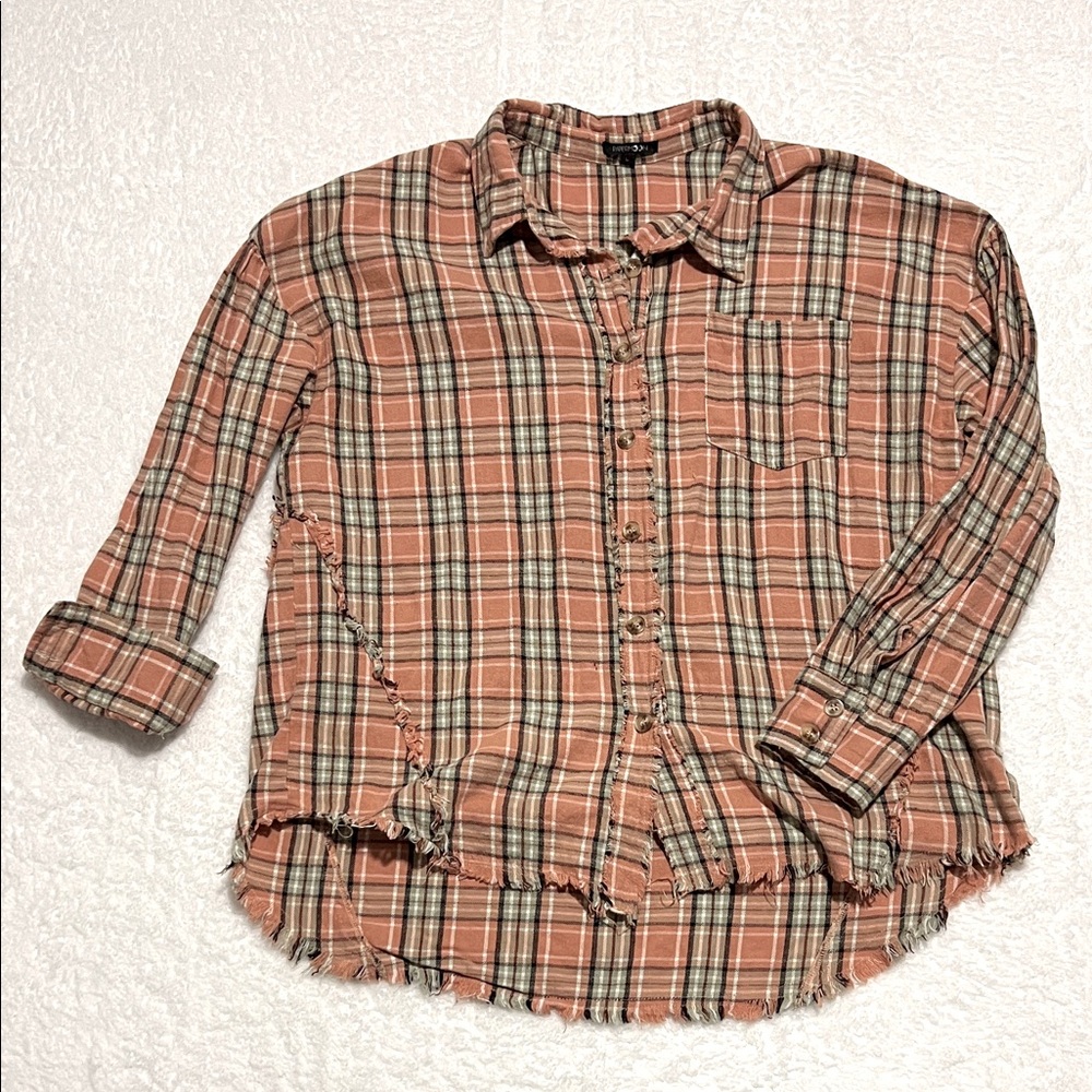 Papermoon Peach Coral Pink Plaid Casual Button-Down Frayed Edge Shirt Size Large
